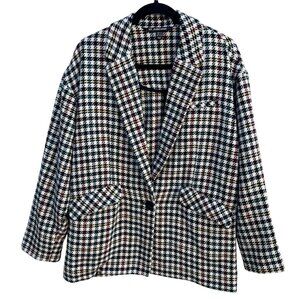 Trf Outerwear Zara Vintage-Style Plaid Blazer Coat S-M Houndstooth Wool Blend
